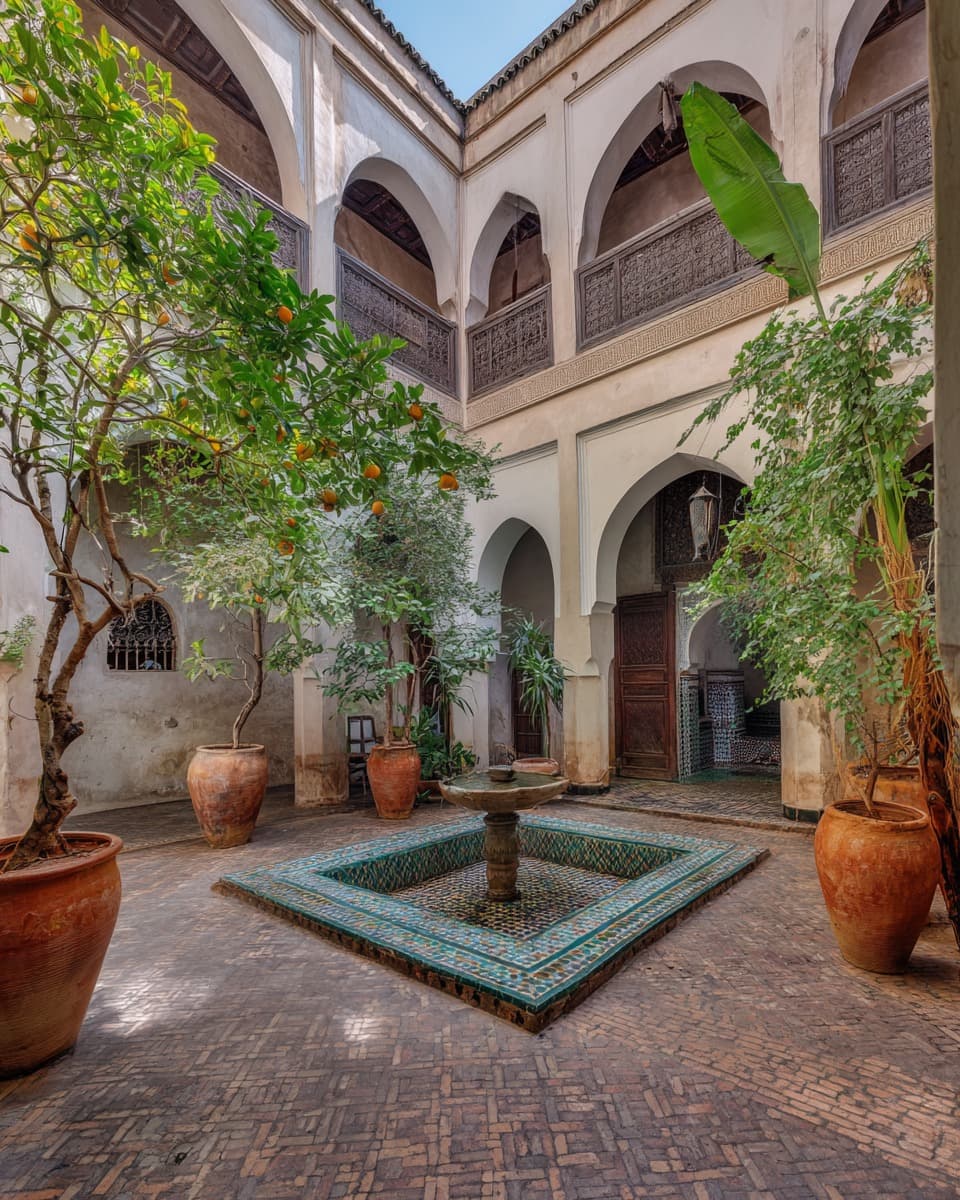 Interior courtyard of a riad with a fountain and orange trees in Marrakech
