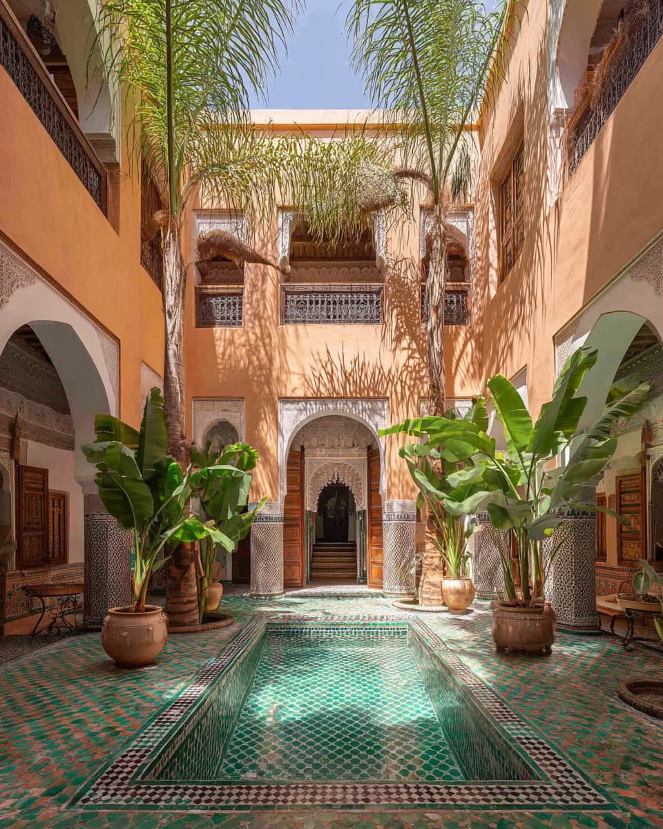 Interior courtyard of a traditional riad managed by Maison Minara in Marrakech