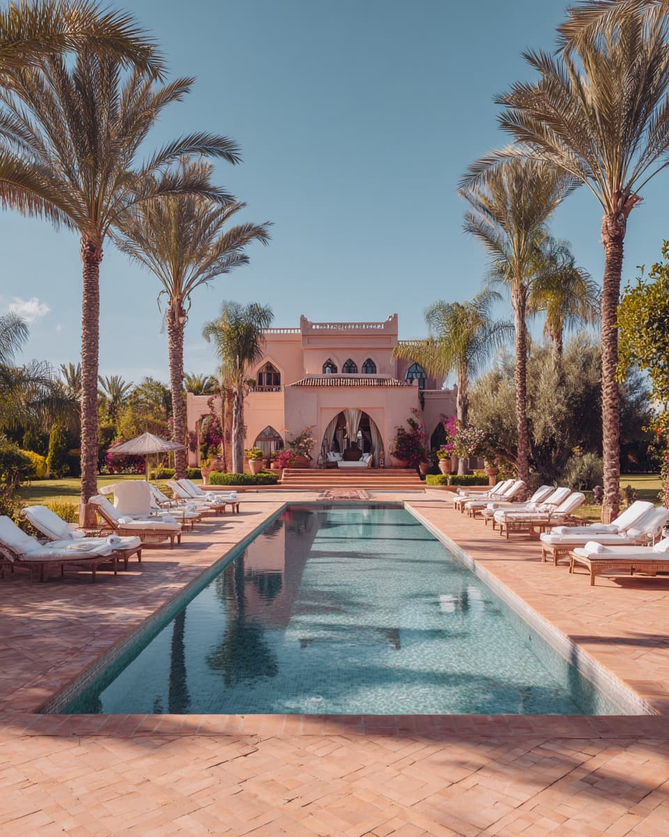 Facade and palm-lined driveway of a luxury villa in Marrakech